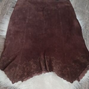Brown Suede Skirt with Floral Hem